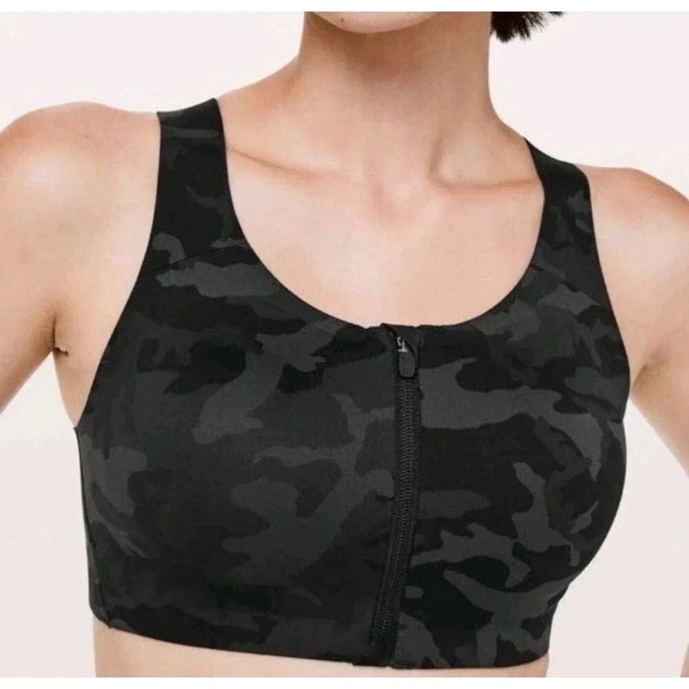 Lululemon Enlite Front Zip Up Sports Bra Womens 34DD Black Incognito Camo